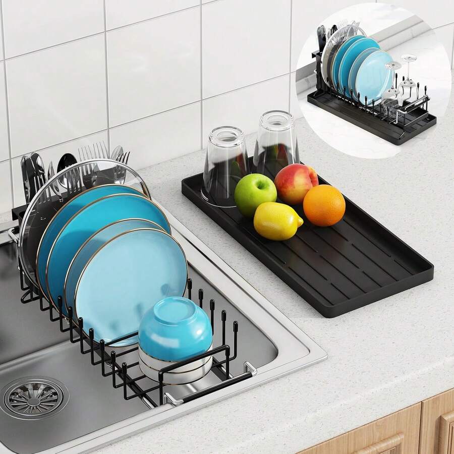 Sink Dish Drying Rack - Expandable Small Dish Rack Over Sink With Silicone Drying Tray, In Sink Dish Drainer Kitchen Counter With Cutlery Holder, Drying Rack Fit 14''-19'' Kitchen Sink