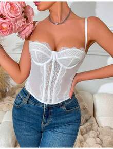 Lace Corset, Sexy Corset Top, Lace Detail, Feminine, Sensual, Sophisticated, Minimalist. Thin Straps, Semi-Sheer, Fan Shape, Solid Color, Shapewear, Cropped, Camisole, Outerwear, Bustie, Fitted - 白色 - 查看 2