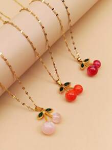 1 pièce Pendentif en acier inoxydable avec cerise rouge et zirconium, collier simple et polyvalent, cadeau pour femme