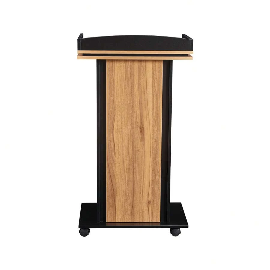 Podium Stand, Holz Podium mit Rädern, Lectern mit Lagerung, Mikrofon Stand Platz, 15MM Partikelplatte, Holz Kanzel für Restaurants, Kirchen, Seminare und Schulen, Das Podium verfügt über einen eleganten schwarzen Körper, ergänzt durch natürliche Holzfarbenen Platten und eine Oberfläche, die einen anspruchsvollen und eleganten Look bietet. Die Oberfläche ist mit einer doppelschichtigen Struktur ausgebildet, die sowohl die Stabilität als auch die Ästhetik verbessert. Das Podium ist mit minimalen Komponenten konzipiert, wodurch die Montage extrem einfach und schnell ist