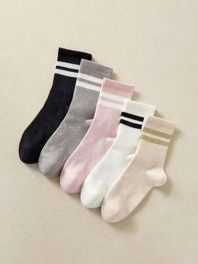 5双装彩色双头女士中筒袜，时尚简约