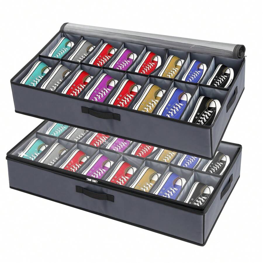 Under Bed Shoe Storage Organiser For 32 Pairs – Clear Foldable Shoe Boxes Set Of 2, Non-Slip  Bottom & Reinforced Handles - 2 Pack - View 1