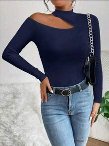Women's T-Shirt Blouse Suplex Fabric Long Sleeve High Neck Asymmetrical Cut Ideal For Meetings And Casual Use - 藏蓝色 - 查看 4