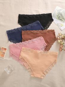 5条装对比色蕾丝三角裤棉质透气内裤