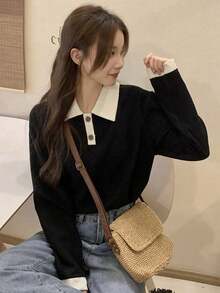 Women's Contrast Color Polo Neck Long Sleeve Shirt, Spring/Autumn