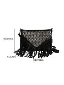 Bolso bandolera vintage de moda, bolso de hombro estilo bohemio, bolso cuadrado con borlas y remaches para decoración transversal, bolso informal de mensajería casual para viajes y uso diario, bolso de trabajo portátil tipo satchel, bolso bandolera pequeño con flecos.
