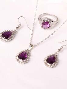1 Set de joyas clásicas de unicolor con forma de gota de agua, que incluye aretes, collar y anillo, conjunto de 4 piezas de moda - Morado - Ver 6