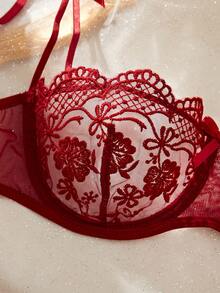 2-Piece Valentine's Day Women's Women's Burgundy Romantic Embroidered Thong Lingerie 2-Piece Set, Custom Butterfly Lingerie Set - 紅色 - 查看 4
