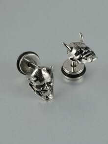 1 par de pendientes de conejo góticos con ojos rojos malignos, pendientes de botón con calavera esquelética de acero inoxidable con gota de aceite negro, regalos para aretes unisex - color acero - Ver 6