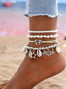 Set de 4 piezas de tobilleras de verano para mujer, tobillera artesanal de cadena con cuentas de arroz, estrella de mar y concha, estilo bohemio