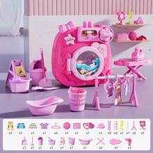 Waschmaschinen- und Reinigungsset für Kinder, Mini Kinder Waschmaschinen Wäscheset, Puppenhausmöbel Waschküche Waschmaschine und Make-up-Set Reinigungsset für Mädchen ab 3 Jahren