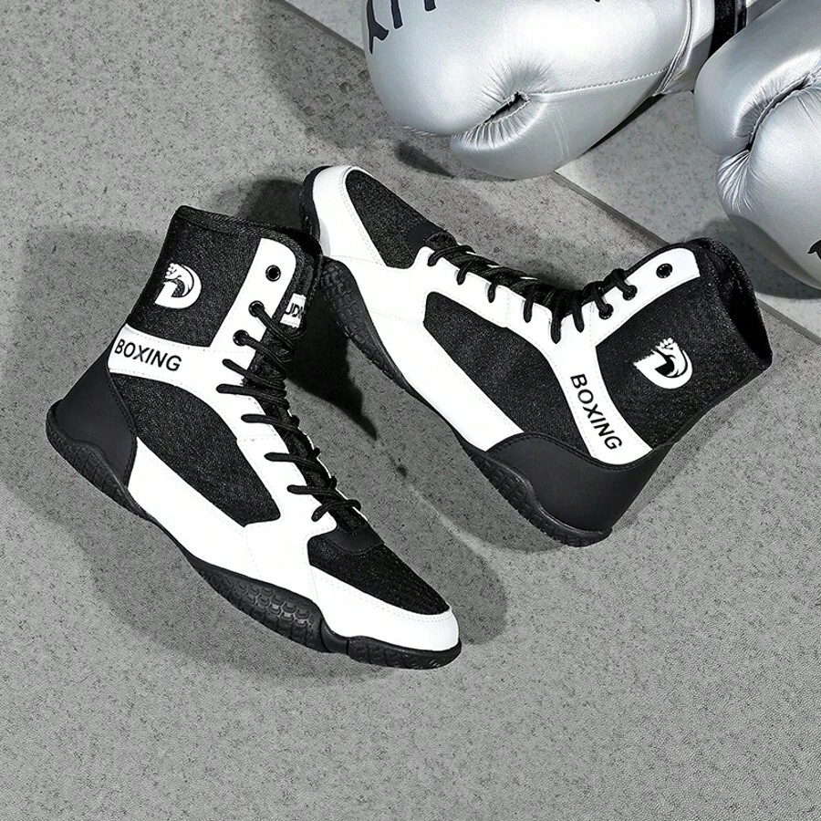 Men's Indoor Boxing Training Shoes, Rubber Sole Competition Wrestling Shoes, MMA Shoes - Black and White - View 1