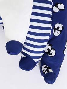 3pcs Cute Panda & Striped Print Long Sleeve Footie Jumpsuit For Baby Boys, All Season - Blue and White - View 7
