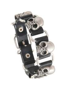 1 件欧美风格朋克摇滚 PU 皮革手链，简单而强大的嘻哈骷髅铆钉图案皮革腕带 - 黑色 - 查看 5