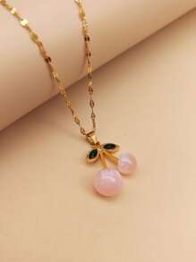 1 pièce Pendentif en acier inoxydable avec cerise rouge et zirconium, collier simple et polyvalent, cadeau pour femme
