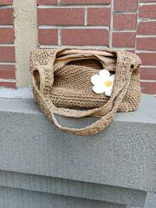 Yogodlns Bolso de hombro de paja de moda para mujer, bolso tejido femenino de gran capacidad, bolso de playa de paja de verano, bolso casual de mano, bolso de compra hecho a mano de ganchillo, bolso de hombro de verano de mujer con tejido hueco de gran capacidad, bolso de playa de malla, bolso de mano