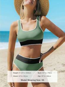 Women's Bikini Sets Two Piece Swimsuit Scoop Neck Tank Wide Straps Midkini Stitching - Green - View 5