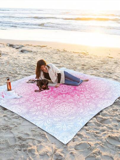 Tapete de piquenique à prova d'água e anti-areia estilo boêmio para áreas externas, 1 peça, cobertor de praia com estampa floral em gradiente, moderno e fofo, adequado para camping, piquenique ao ar livre, praia