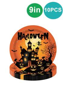 10 قطعة من لوازم حفلة هالوين، أطباق وأكواب ومناديل ورقية، أواني أكل قابلة للتخلص منها ، لديكورات هالوين بقوالب اليقطين البرتقالية والأشباح ، لأعياد الميلاد و حفلات هالوين