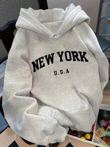 大码女式休闲连帽长袖卫衣，印有“NEW YORK”和“U.S.A”字样，适合春、夏、秋季穿着，也可作为万圣节外套或度假服装。 - 灰色 - 查看 2