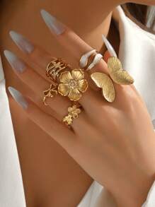 Set de 6 anillos de metal vintage con diseño de mariposa y flor esmaltada en blanco, diseño lindo y elegante de lazo, anillos apilables/de nudillo, aptos para usar diariamente, citas, reuniones y fiestas para mujeres