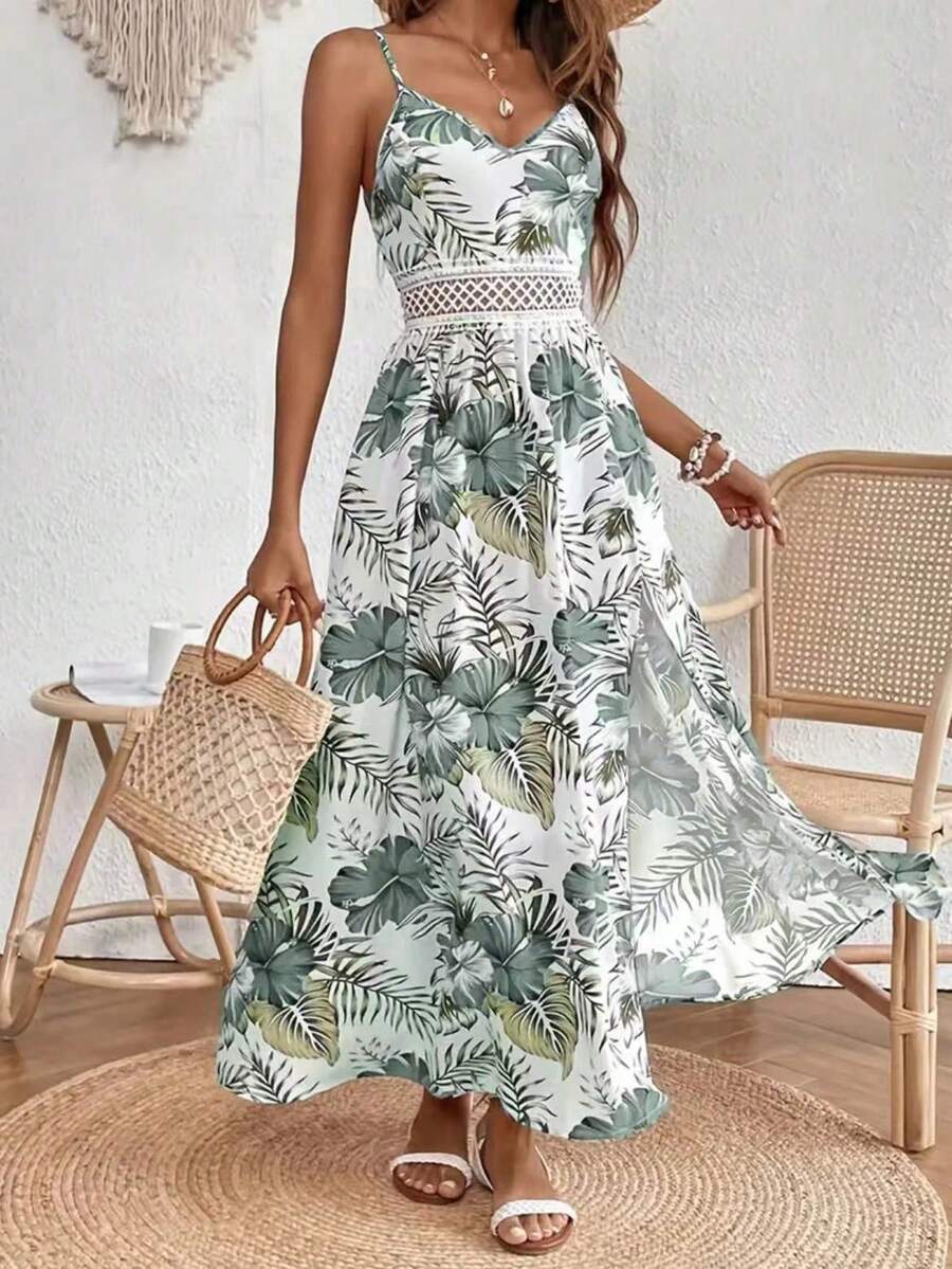 Tropical Print V-Neck Lace Dress, Thigh Slit Summer Dress With Spaghetti Straps - màu xanh lá - Xem 1