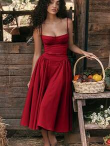 French Vintage Long Dresses A-Line Style With Halter, Elegant Spaghetti Straps Flowy Long Dress For Women, Suitable For Everyday - 紅色 - 查看 5