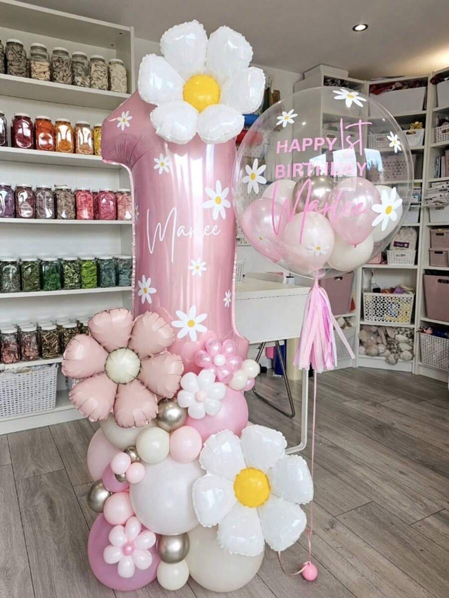 42pcs Daisy Balloon Set Macaron Pink Latex Balloon Bobo Balloon White Daisy 1-9 Number Foil Balloons Babyshower Birthday Party Background Decoration