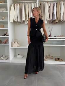 优雅纯色女式两件套，V 领纽扣针织上衣和褶皱网眼裙 - 黑色 - 查看 5