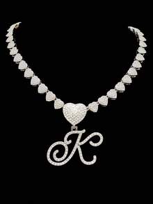 1pc Women's Letter Pendant Necklace With 20-Inch Fully Diamond Heart Necklace, Fashionable Retro Hip Hop Pendant Necklace, Elegant Valentine's Day Gift Suitable For Women And Girls For Daily Wear Or Parties