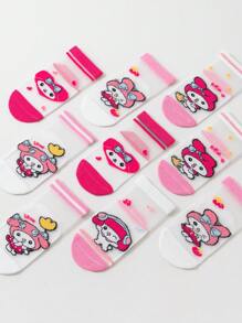 Sanrio 5 Pairs Girls Short Socks, Melo-Dy Baby Boat Socks, Pink Tones, Rabbit, Ice Cream Cartoon Patterns, Cute Casual Style, Thin For Summer, Suitable For Students, Daily, Holidays, Back To School, New Semester, Classroom, Can Be Paired With Skirts, Casual Pants