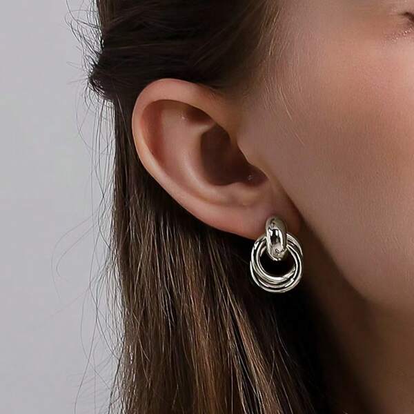 1 Pair Geometric Round Earrings For Women, High-End Exaggerated Retro Design Multi-Layer Ear Studs