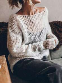 大码女式纯色圆领落肩长袖镂空宽松套头衫，秋季 - 米色 - 查看 1