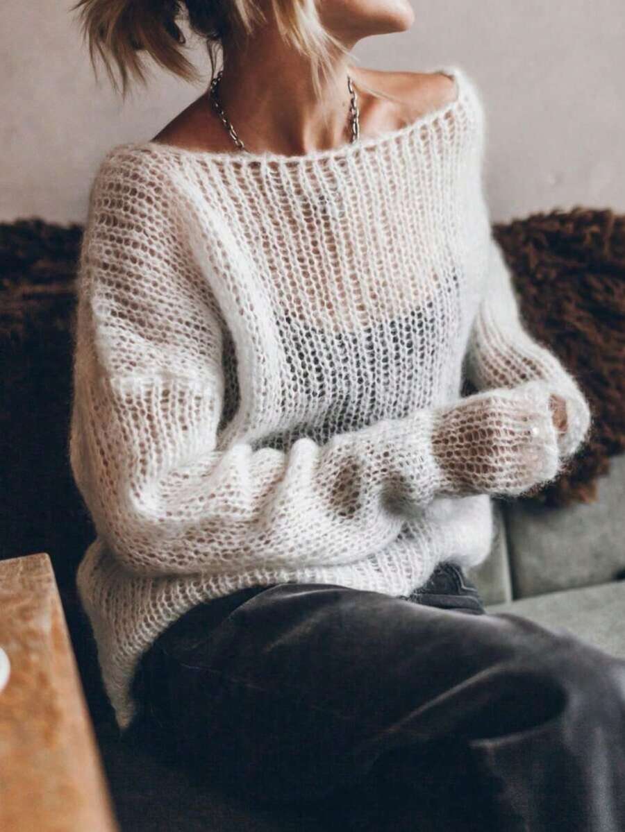 大码女式纯色圆领落肩长袖镂空宽松套头衫，秋季 - 米色 - 查看 1