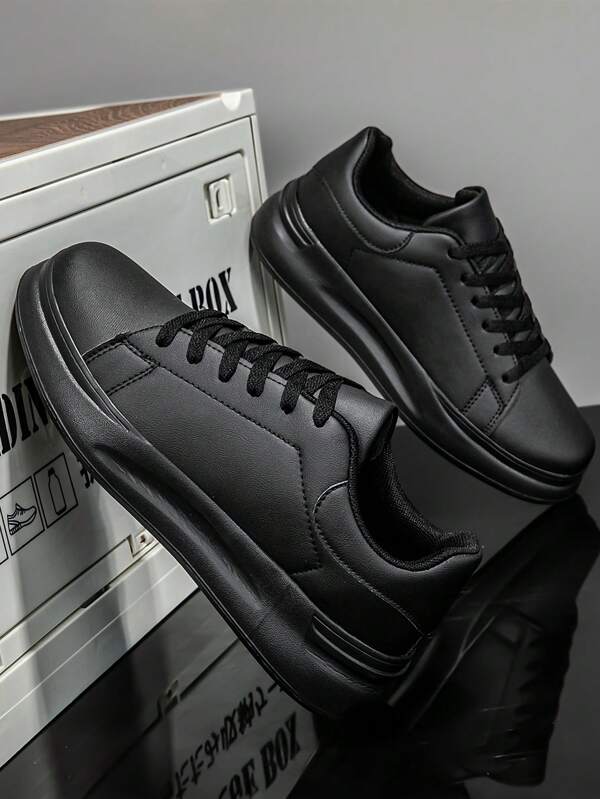Men's Lightweight Lace-Up Running Shoes, Black, Round Toe, Soft & Anti-Slip Thick Sole