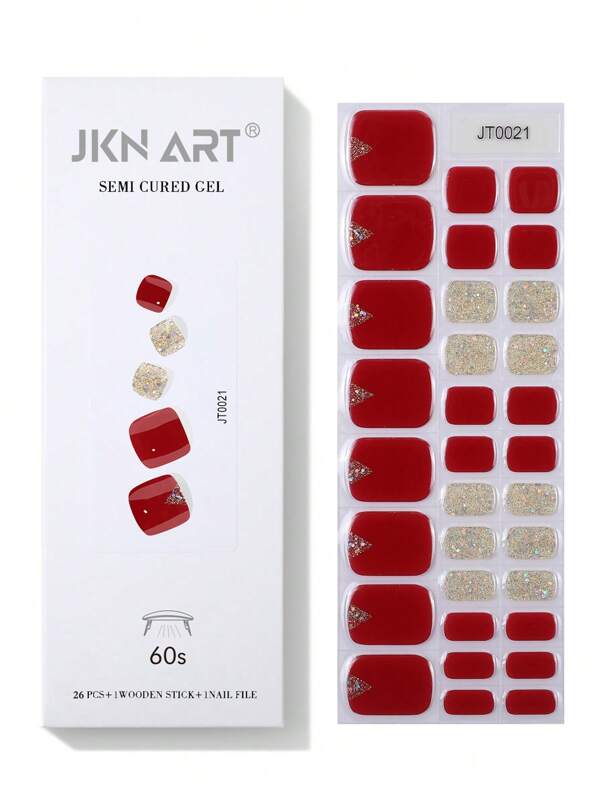 JKNART Semi-Cured Nail Polish Stickers, UV Gel Stickers, Full Cover Nail Stickers With Half Baking, Semi-Cured 2nd Generation Soft Gel Nail Stickers Requiring Lamp Curing, Red Nail Stickers, Toe Nail Gel Stickers