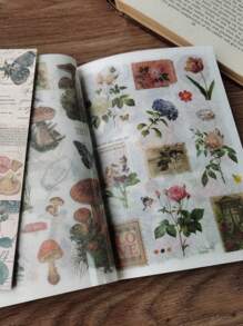 20sheets Vintage Sticker Book Plant, Mushroom & Farm House Series Made Of Pvc And Washi Material For Ins Style Retro Hand Account Diy Decorative Decals Papercraft Collage Scrapbooking Sticker Book School Supplies,Back To School