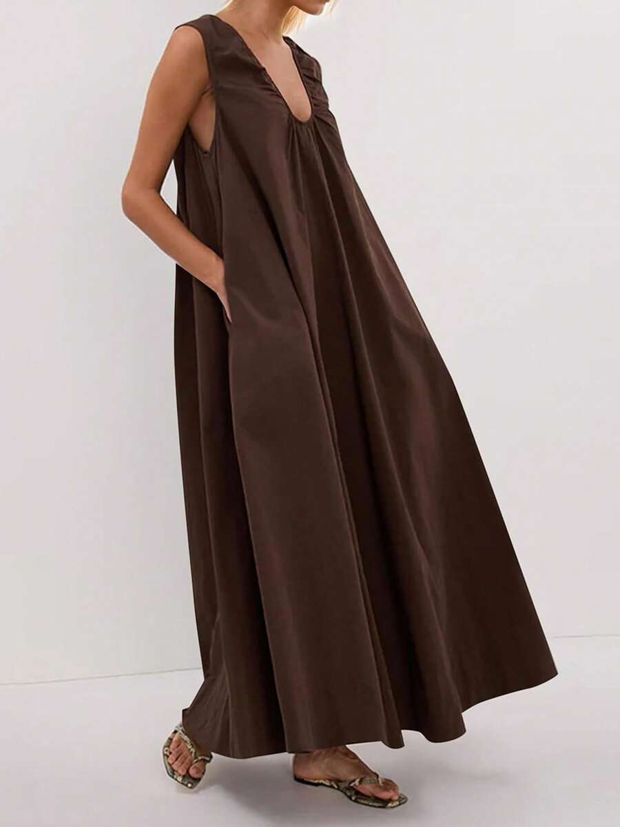 Women's Summer Long Tank Dress Solid Color Sleeveless Scoop Neck Ruched Wide Shoulder Loose Dress - màu nâu - Xem 1