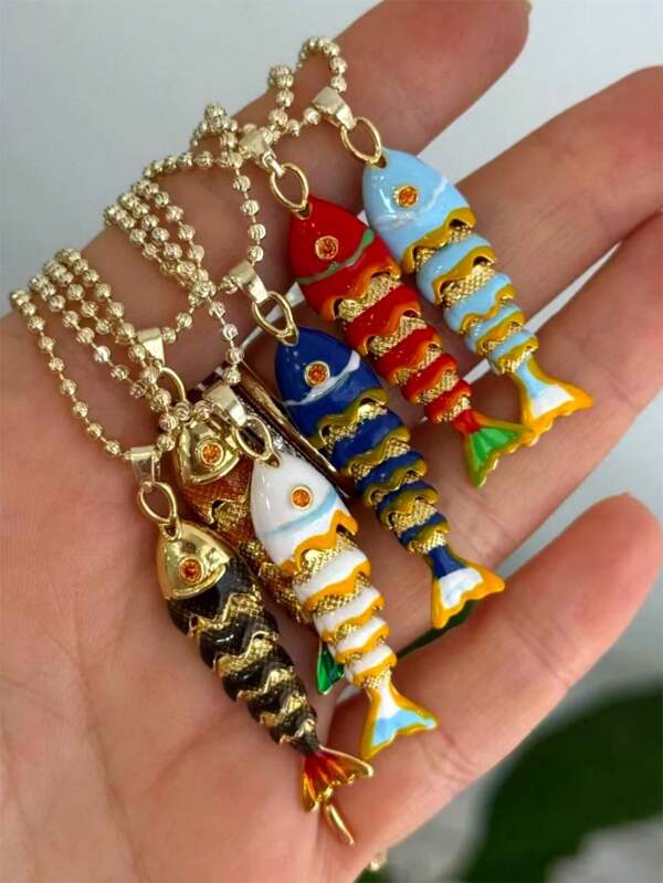 1 pieza Collar con colgante de pez chapado en oro al estilo europeo y americano con cuentas de circonita cúbica con micro pavé. Accesorio unisex y versátil, perfecto para fiestas en la playa de verano y como regalo.