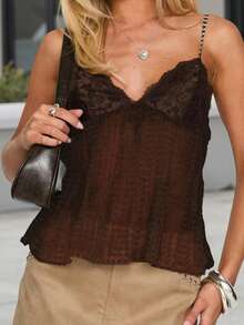 Women's Pleated Camisole Mini Bowknot Front Spaghetti Strap V-Neck Lace Cropped Tops - 摩卡棕 - 查看 6