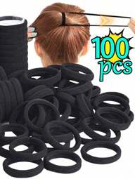 50/100/200 Pcs/Set Fashion Simple Black Color Basic 4cm/1.57in Simple Solid Colors Elastic Head Bands For Women Girls Casual, Hair Bobbles ,Hair Rope Ponytail