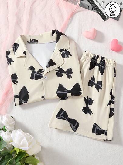 Sweet And Stylish Two Pieces Girls' Summer Home Set, Featuring A Black Elegant Bow Collar Cardigan Button Up Short Sleeved Top And Shorts Set, Perfect For Wearing, Reading, Resting, And Relaxing At Home. Also Suitable As A Gift For Girls
