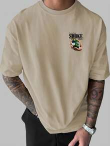 Black T-Shirt With SMOKE Graphic And Hand Holding Cigarette Print For Casual Wear - Màu be - Xem 2