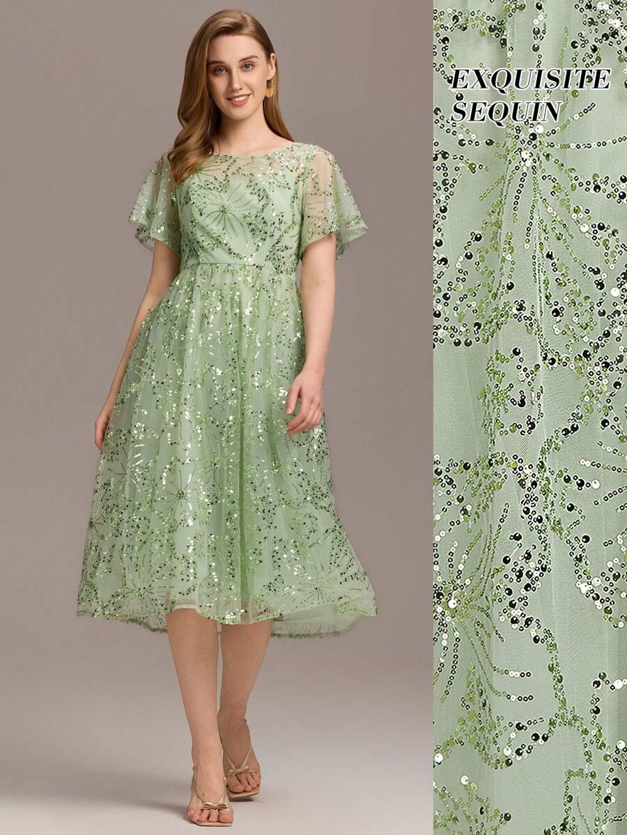 EVERPRETTY Summer Luxury Round Neck Exquisite Sequin Midi Sage Green Prom Dress Women Suitable For Weddings, Birthdays, Dinner,Party