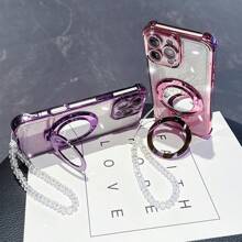 Nuevo Estuche anti-caída de 4 esquinas para teléfono + Estuche de teléfono integrado con espejo de maquillaje circular rosa brillante, cuerda colgante y soporte magnético, compatible con Galaxy I-Phone 16 Pro 16Pro Max, Sam-Sung S25/S25Plus/S25Ultra, XM HW RM, Oppo