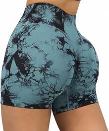 Shorts de cintura alta sin costuras para entrenamiento - Teñido anudado verde oscuro de 3" - Ver 2