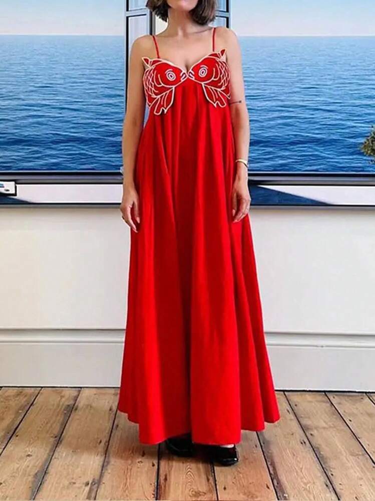 koi fish maxi dress Joiemont Womens Koi Fish Long Strap Dress 3D Fish High Waist Maxi Cami Dress(0624-Red-L)  at Amazon Women's Clothing store