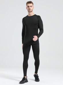 Autumn/Winter Men's Athletic Base Layer Set, Knitted Fabric, High Stretch Suitable For Sports, Fitness