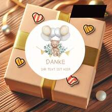 定制感谢贴纸 - 圆形温暖风格设计，带有欢快的棕熊、漂浮气球和 DANKE 横幅，白色纸质贴纸，用于礼品包装、生日、公司礼品（德国感谢）、节日装饰、俏皮主题、手工外观、装饰标签、德语使用者、学校用品、返校