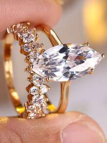 2pcs Copper Inlaid Cubic Zirconia Engagement Ring Set, Teardrop & Rhombus Wedding Bands, Jewelry Gift For Women, Valentine's Day - Marquise Engagement Ring - View 3